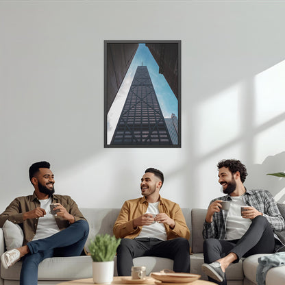 Three men sitting on a couch in a living room with a framed picture of a skyscraper on the wall.