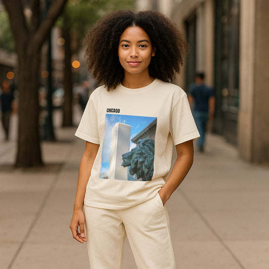Chicago Skyline Lion T-Shirt — City Photography Tee for Urban Style & Streetwear Lovers